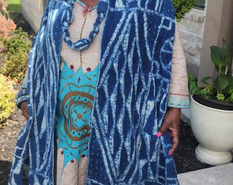 Authentic Bamileke Ndop Scarf: Handwoven Cotton, Indigo Dye, Raffia Fiber Accessory