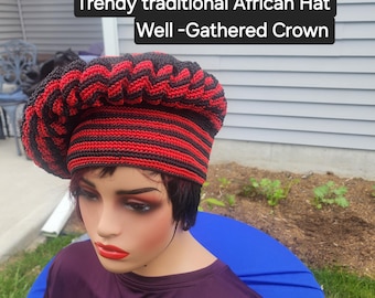 Traditional  African  Cameroon hat/Toghu bamenda unisex hat / Vibrant burgundy and black Hat /Twine Hat.