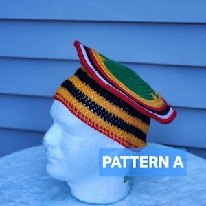 May include: A colorful crocheted hat with a brim, displayed on a mannequin head. The hat features a pattern of black, yellow, red, green, and white stripes. The text "PATTERN A" is displayed on a blue background.