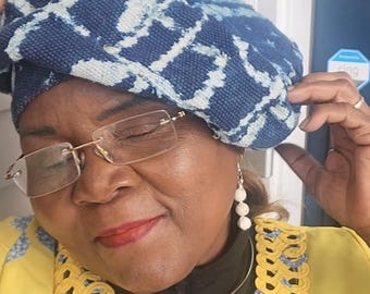 Handwoven Cameroon Ndop Hat, Blue White Striped Bamileke Cap.