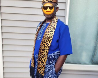 Handmade Mobutu Leopard Hat/ Traditional African Leopard print Hat & Scarf /velvet hat.