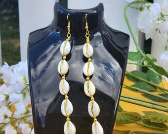 Handmade Cowrie Shell Dangle Earrings: African Inspired Brass Jewelry
