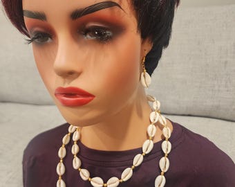 Cowrie Shell Necklace and earrings Handmade | African Brass Chain Adjustable | Bamileke Heritage Jewelry