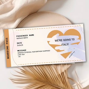 Carte d'embarquement à gratter, fausse carte d'embarquement personnalisée pour des vacances/une destination surprises, faux billet de voyage, faux billet d'avion