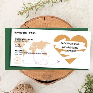 Biglietto aereo di compleanno + busta, biglietto di viaggio a sorpresa da grattare, carta d'imbarco, regalo di compleanno, vacanza a sorpresa