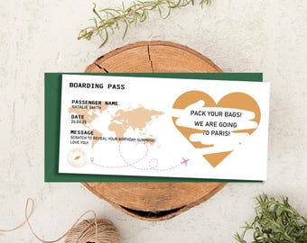 Verjaardagskaart vliegtuigticket + envelop, kras om te onthullen verrassingsreisje verjaardag, instapkaart, verjaardagscadeau, verrassingsvakantie