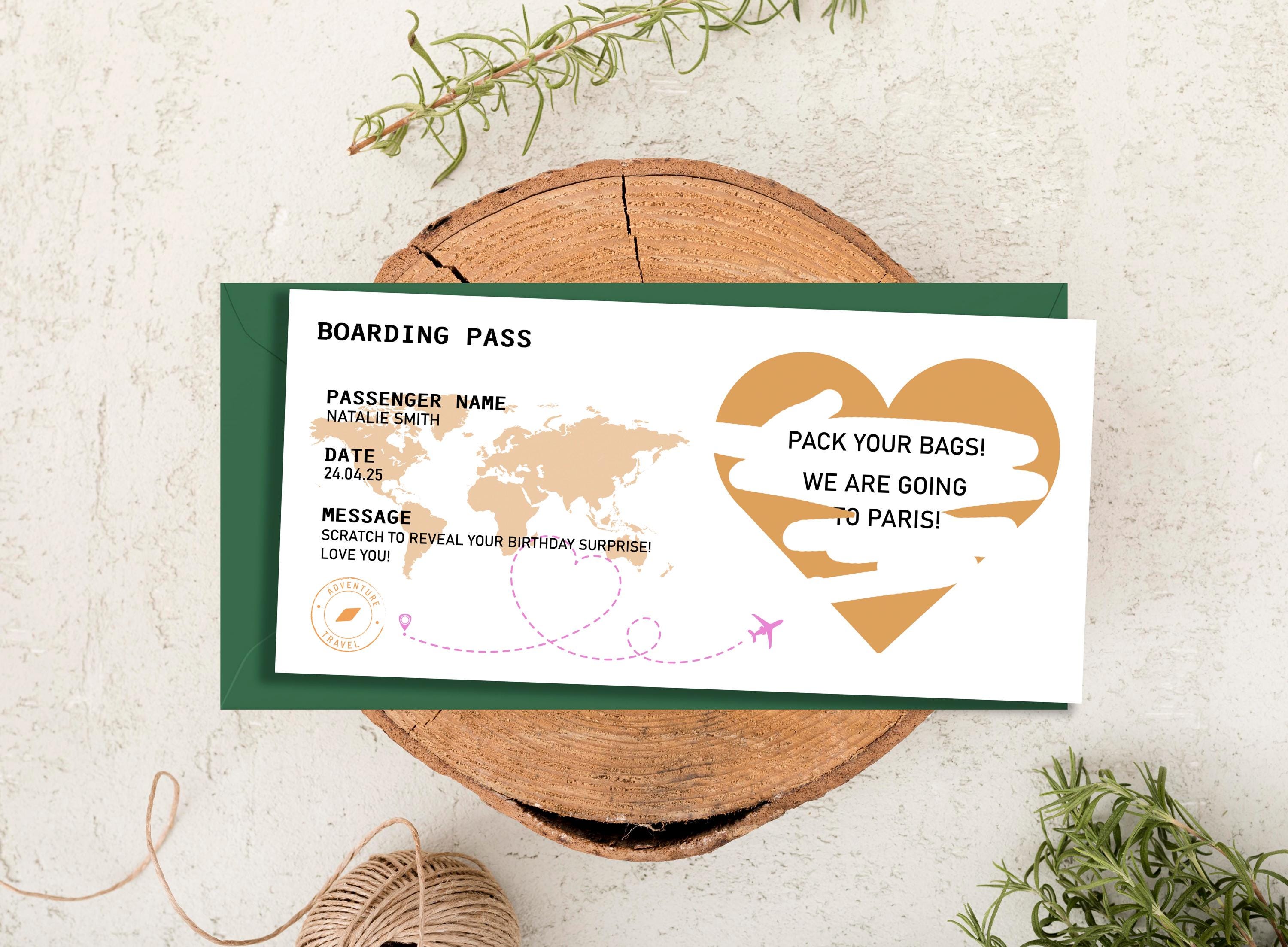 Birthday Airplane Ticket Card + Envelope, Scratch To Reveal Birthday Surprise Trip Ticket, Boarding Pass, Birthday Gift, Surprise Vacation