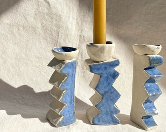 Ceramic Seconds - zig zag candlestick trio handmade ceramic candle stick candle holders funky