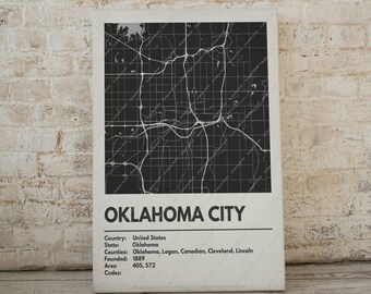 Oklahoma City Map Print - Moderne eigentijdse poster in meerdere maten. Stadsraster / stadskaart / stratenplan. Aangepaste steden beschikbaar