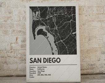 San Diego Map Print - Moderne eigentijdse poster in meerdere maten. Stadsraster / stadskaart / stratenplan. Aangepaste steden beschikbaar