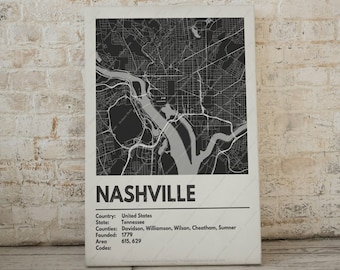 Nashville Map Print - Moderne eigentijdse poster in meerdere maten. Stadsraster / stadskaart / stratenplan. Aangepaste steden beschikbaar