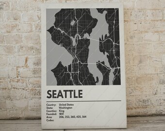 Seattle Map Print - Moderne eigentijdse poster in meerdere maten. Stadsraster / stadskaart / stratenplan. Aangepaste steden beschikbaar