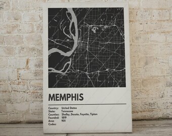 Memphis Map Print - Moderne eigentijdse poster in meerdere maten. Stadsraster / stadskaart / stratenplan. Aangepaste steden beschikbaar