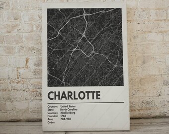 Charlotte City Map Print - Moderne eigentijdse poster in meerdere maten. Stadsraster / stadskaart / stratenplan. Aangepaste steden beschikbaar