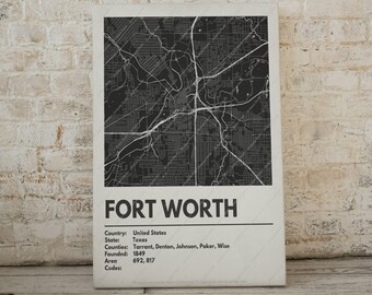 Fort Worth Map Print - Moderne eigentijdse poster in meerdere maten. Stadsraster / stadskaart / stratenplan. Aangepaste steden beschikbaar