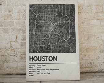 Houston Map Print - Moderne eigentijdse poster in meerdere maten. Stadsraster / stadskaart / stratenplan. Aangepaste steden beschikbaar