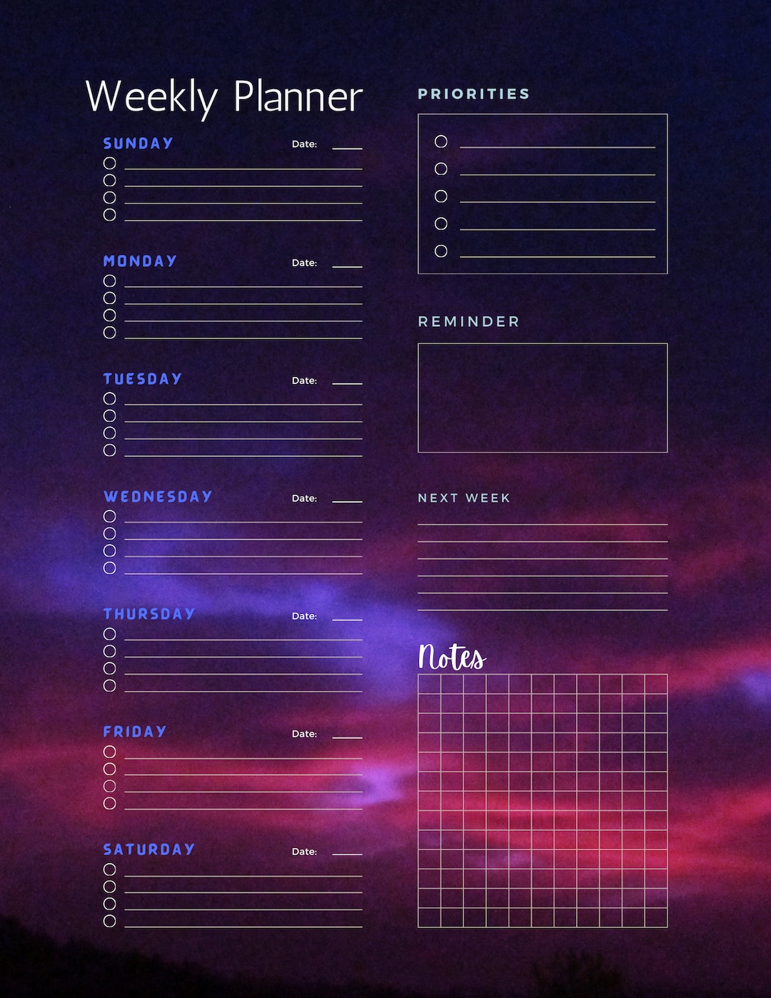 Weekly Planner Night Sky - Etsy