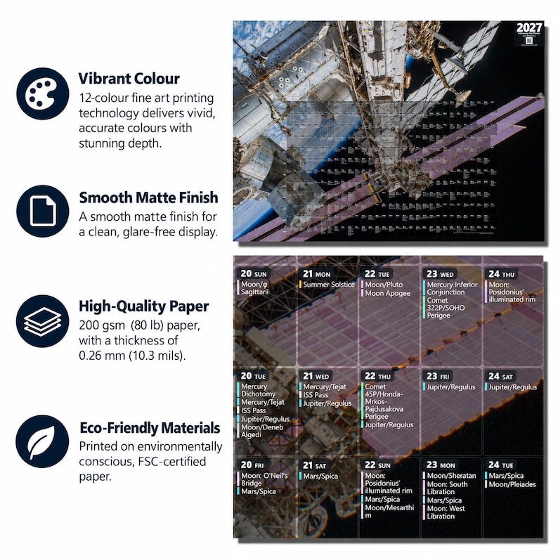 K&ouml;nnte beinhalten: Ein Wandkalender f&uuml;r 2027 mit einer hochaufl&ouml;senden Fotografie der Internationalen Raumstation im Orbit. Das Kalenderraster zeigt Daten, Wochentage und astronomische Ereignisse. Gedruckt auf 200 g/m&sup2; schwerem Papier.