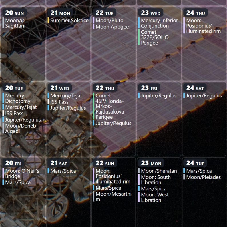 K&ouml;nnte beinhalten: Ein astronomischer Kalender in Rasterform mit einem Hintergrundbild der Solarpaneele der Internationalen Raumstation. Der Kalender listet astronomische Ereignisse wie Mondphasen, Planetenkonjunktionen und Sonnenwenden auf.