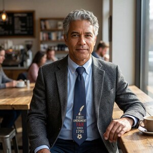 May include: A dark navy blue necktie featuring a white quill pen and inkwell graphic above the text "FIRST AMENDMENT FAN SINCE 1791" in white and red lettering, with a small soccer ball icon at the bottom, worn with a light blue shirt and blazer.