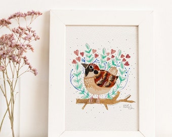 Impresión artística de gorrión caprichoso: pequeño pájaro de acuarela con corazones