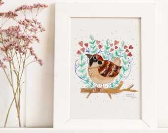 Impression d'art Lovey Sparrow - L'art lunatique des oiseaux de Cocomoino - Petit moineau aquarelle avec des coeurs