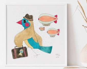 Gestresster Vogel Kunstdruck - Aquarell Vogelbild ""Mr. Cordon-Bleu"" | Geschenk für Vogelfreunde und ängstliche Reisende