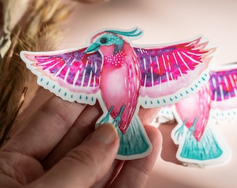 Happy Bird sticker, Pink watercolor bird sticker, Smiling Pink Singing Bird - Coco's whimsical bird art collection
