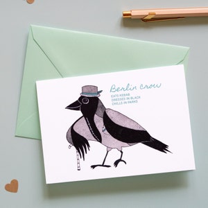 Carte de voeux drôle de Berlin, carte de corbeau de Berlin, carte d'anniversaire de Berlin, carte de voeux de corbeau, carte illustrée d'artiste, carte d'art de corbeau à capuchon
