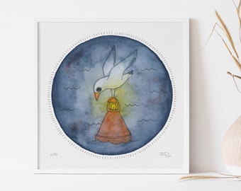 Seagull on Buoy Art Print: Coastal Bird Painting, Limited Edition