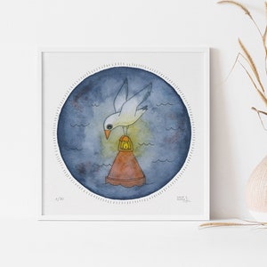 Seagull on Buoy Art Print: Coastal Bird Painting, Limited Edition