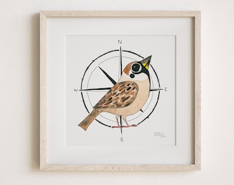 Aquarell Spatz und Kompass Kunstdruck - Cocomoino - Vogel Kunst