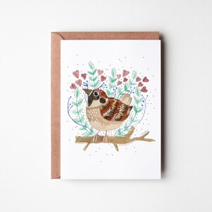 Carte de voeux moineau, cartes de voeux oiseaux, aquarelle d'oiseaux, idées cadeaux pour les amoureux des oiseaux, oeuvre d'art unique en son genre, original et fantaisiste, moineau friquet