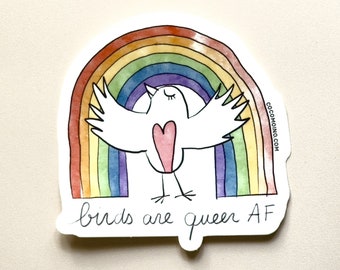 Birds are Queer AF Sticker - Queer and LBGTQIA+ pride rainbow sticker with bird