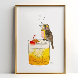 鳥と飲み物のプリント - バーカートアート - アマレットサワーカクテルの絵画、またはウイスキーサワー - カクテルの壁飾りに歌う小鳥 - ディックシッセル