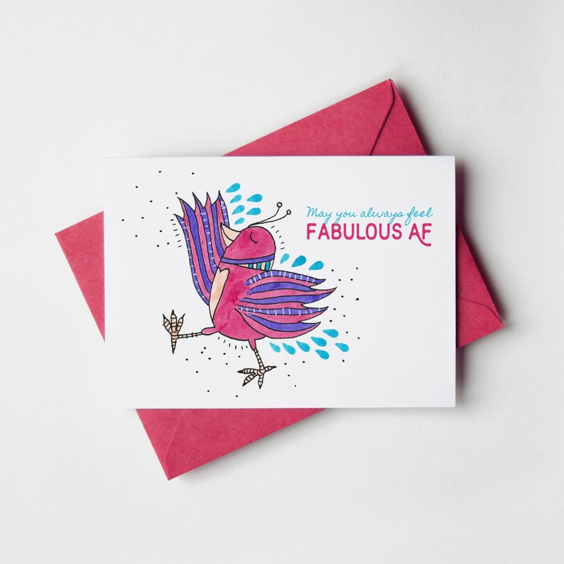 Funny quote greeting card with a playful pink bird design