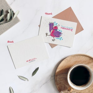 Humorous bird card with a whimsical pink bird and a cheeky quote