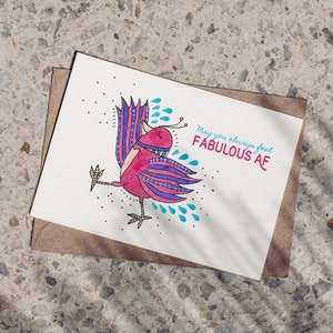 Fabuleuse carte de voeux AF, sensation fabuleuse, carte d'oiseau originale, carte d'anniversaire impertinente pour ami ou amoureux des oiseaux, carte d'oiseau rose drôle avec message