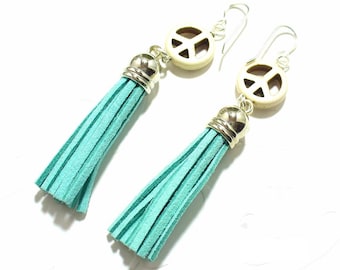 Turquoise Tassel Earrings, White Peace Signs, Leather Dangles, E2019-05