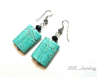 Big Turquoise Earrings, Large Turquoise Dangles, Rectangle Dangles - E2016-07