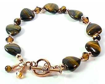 Tigers Eye Chakra Bracelet, Hearts Copper & Crystal Third Chakra, Gemini Birthday,