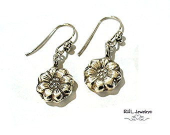 Bali Silver Flower Earrings, Floral Danlges, 1 inch drop, Minimalist earrings - E2020-10