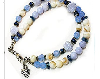 Blue Mixed Stone Bracelet, Ladies Lapis Mother of Pearl Chakra Jewelry Gifts - B0911-18