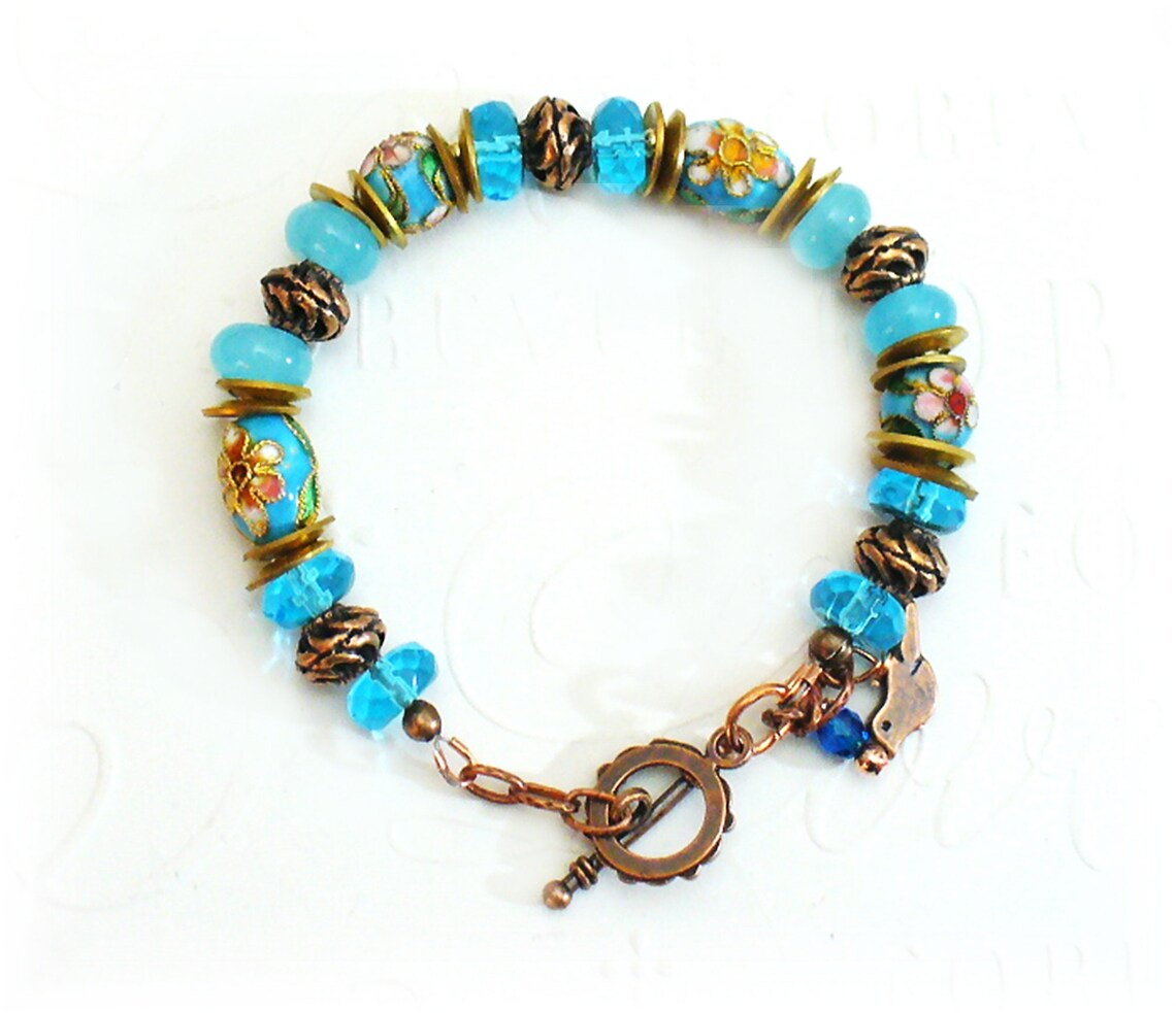 Blue Cloisonne Bead Bracelet Copper Toggle Clasp Bird Charm Etsy