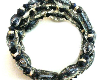 Black Memory Wire Wrap Bracelet | Ladies Beaded Two Strand Cuff