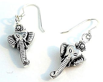 Silver Elephant Earrings, All Sterling Silver Earrings, Elephant Lover Gifts, Cute Trendy Trunk Down Elephant Earrings - E0808-02