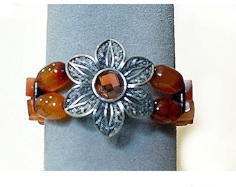 Carnelian Cuff Bracelet, Floral Memory Wire Bracelet, Second Chakra Orange Cuff Bracelet