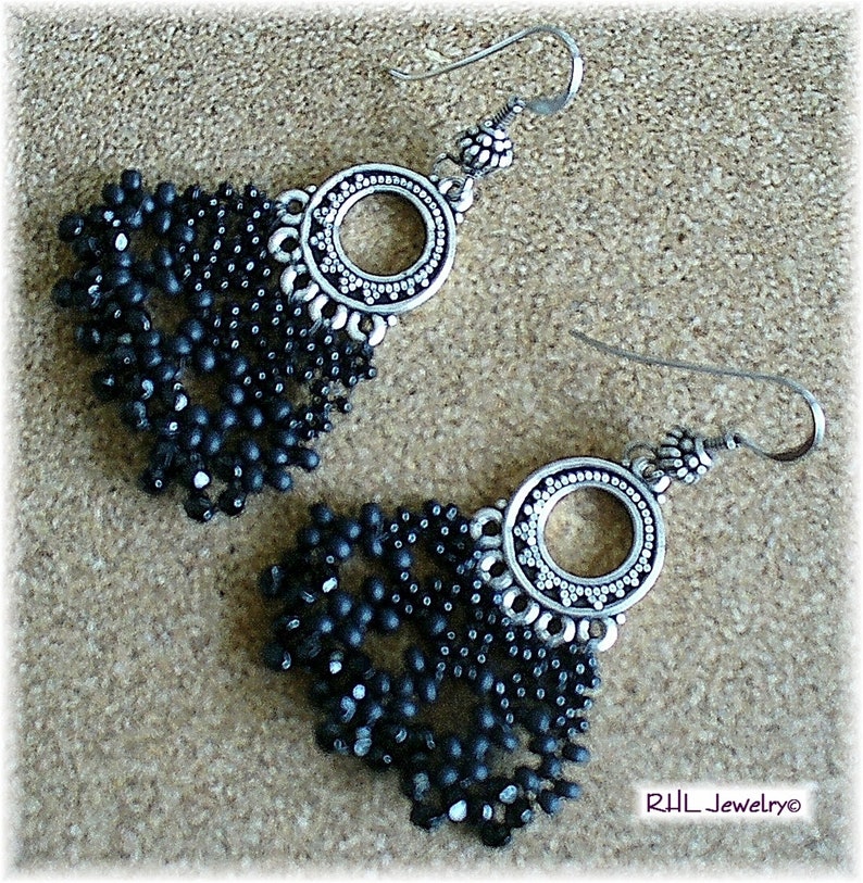 Black Chandelier Earrings And Silver Peyote Jet