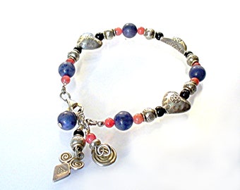 Blue Sodalite Hill Tribe Silver Bracelet, Southwest Style 6th Chakra Bracelet