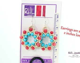 Southwest Coral and Turquoise Peyote Earrings - E2019-17